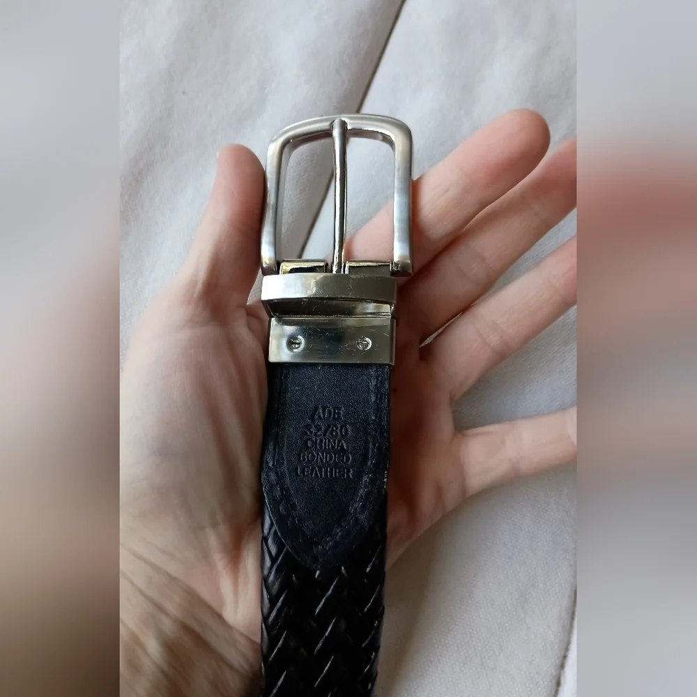 Nautica Reversible Black And Brown Braided Leather Belt With Silver Buckle